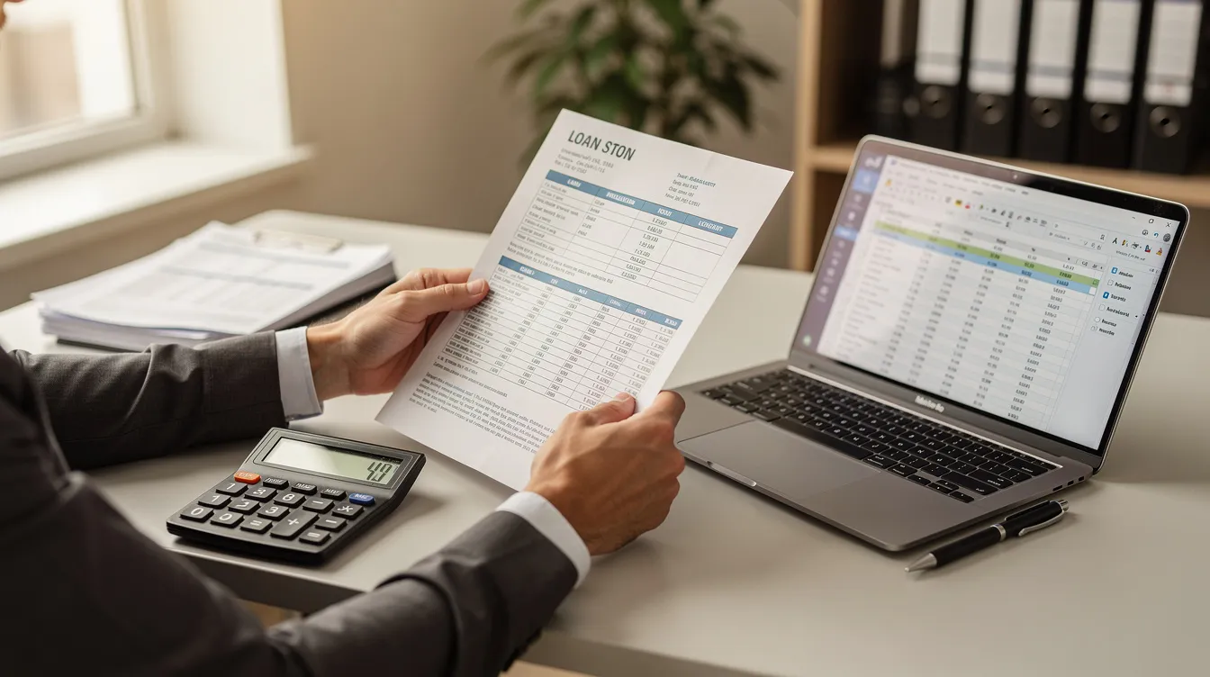 A person is sitting at a desk, reviewing loan documents with a calculator and a laptop nearby. The scene suggests a focus on financial matters, possibly related to 公務員 貸款, including aspects like 利率 低 and 還款 期.