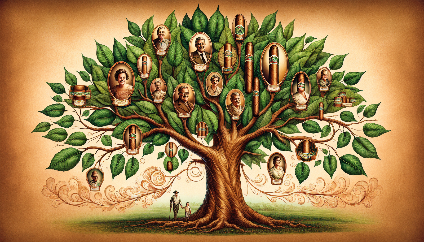 A family tree illustration representing the legacy of the Oliva family in cigar making.