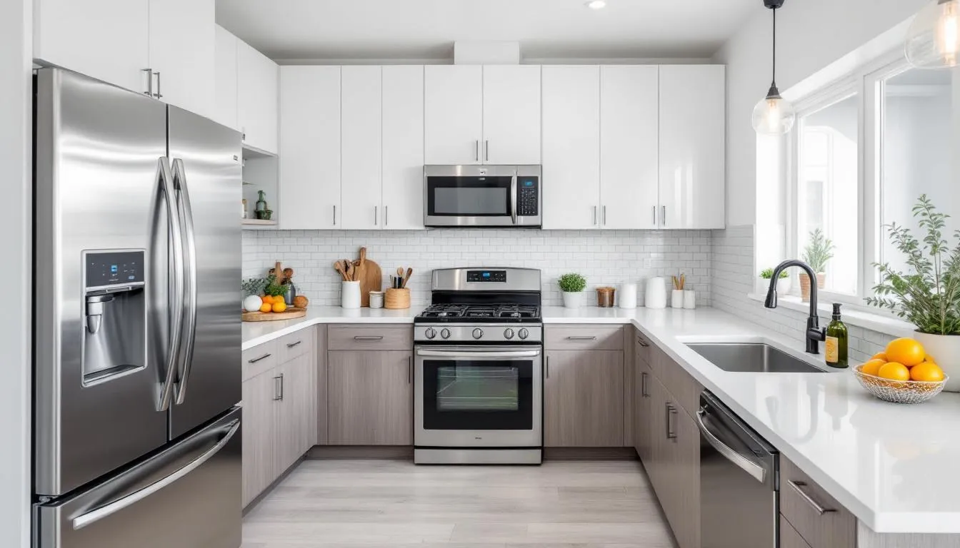 Na obrazku znajduje się elegancka kuchnia z nowoczesnymi sprzętami AGD, idealna do wspólnego spędzania czasu w okresie świątecznym. Taki stylowy wystrój może być doskonałym pomysłem na prezent dla rodziców, który ucieszy ich serca.