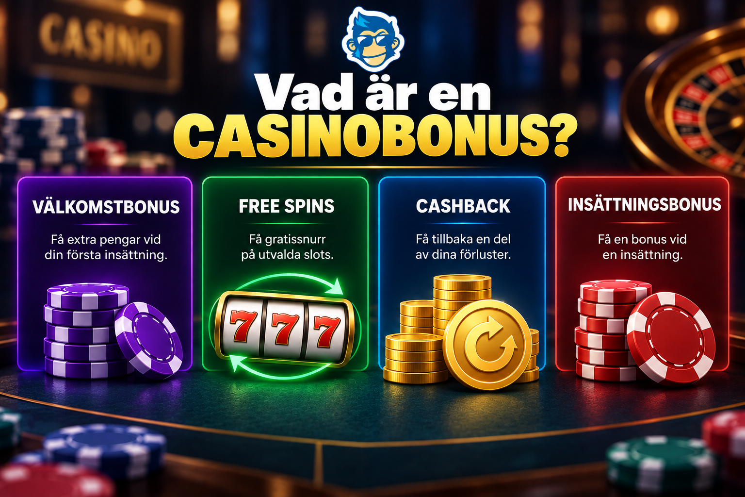 Illustration av olika typer av casinobonusar, inklusive välkomstbonus, free spins, cashback och insättningsbonus.