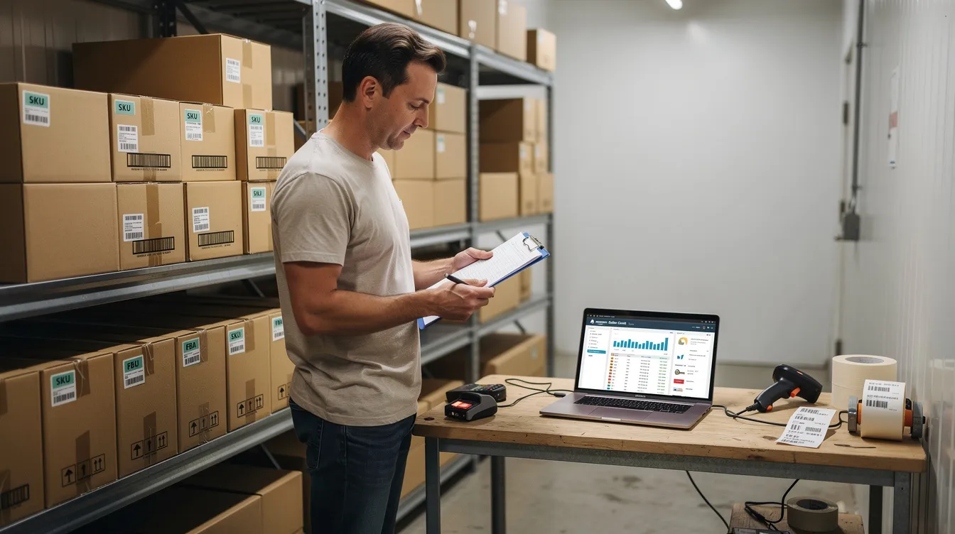 A business owner is seen reviewing inventory and working on a laptop in a small warehouse, focused on managing their Amazon seller account. This scene highlights the day-to-day operations of running an online business, particularly in the context of an Amazon FBA business.