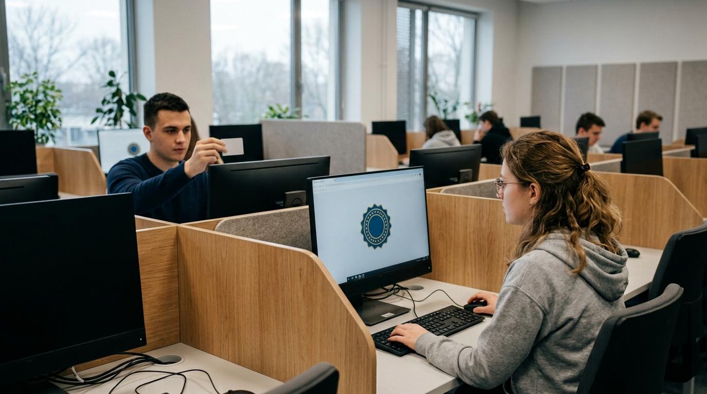 University student logging into a secure browser-based virtual exam environment while another student completes identity verification before starting an online assessment.