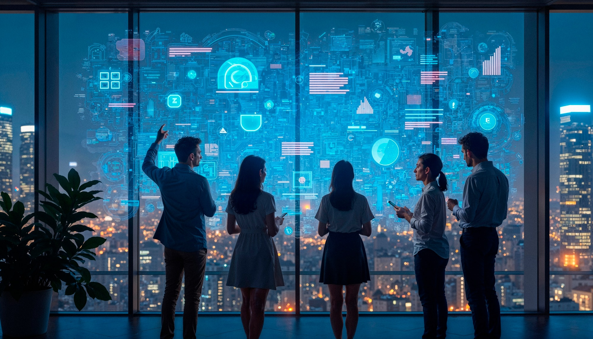 Five professionals stand in front of a large digital screen filled with futuristic charts and graphs, overlooking a city skyline at night. The glowing data visualizations symbolize the power of unified communications through cloud-based UCaaS solutions for strategic decision-making.