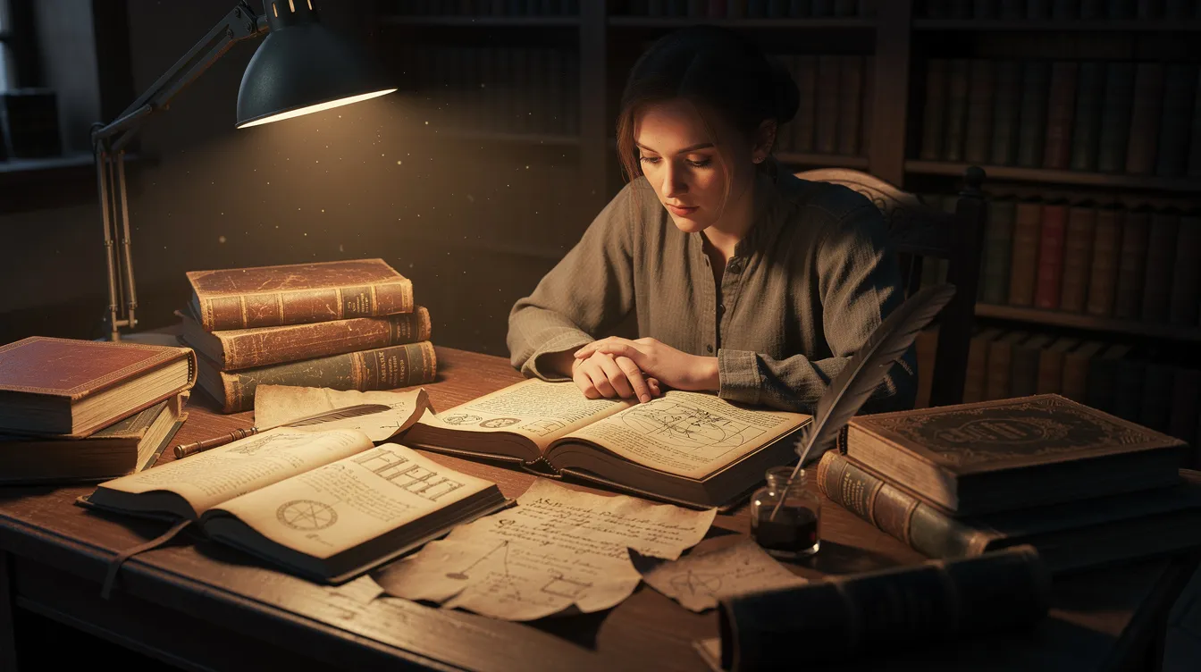 A person is deeply engaged in studying ancient texts, surrounded by multiple open books on a desk, reflecting the process of biblical exegesis. The scene captures the essence of biblical interpretation, where scholars seek to uncover the literal meaning and historical context of scripture through various methods.