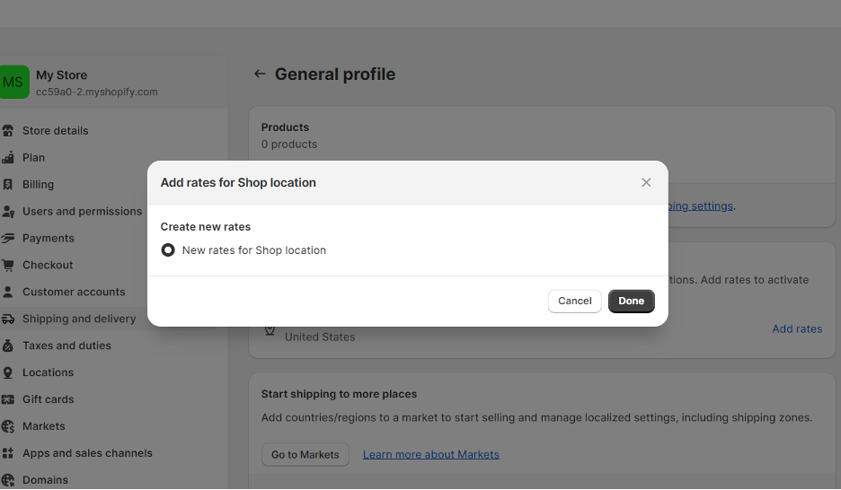 Shopify dashboard - Shipping and delivery settings - Adding new shipping rates - Step 2