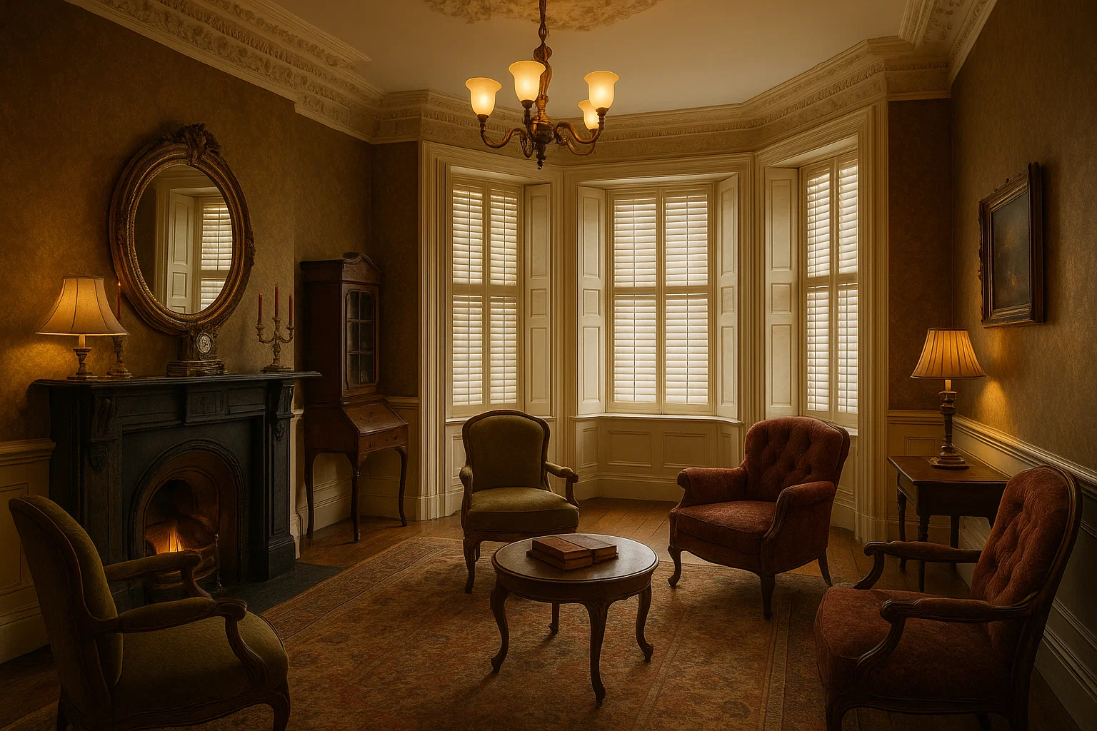 Victorian bay windows with white wooden shutters in a period-style UK sitting room