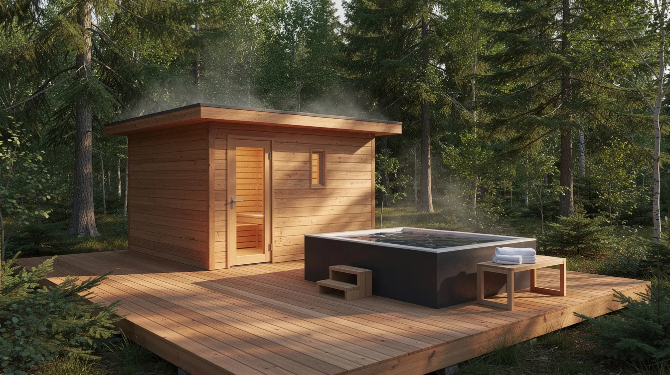The image shows an outdoor wooden sauna cabin situated on a deck, accompanied by a cold plunge tub, all surrounded by lush trees. This serene setup exemplifies a wellness experience, combining the sauna's warm atmosphere with the refreshing plunge for relaxation.