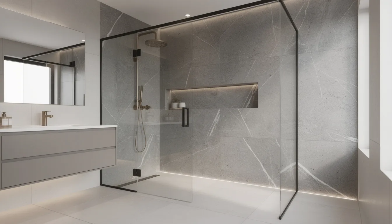 De luxe badkamer is voorzien van stijlvolle wandpanelen met een grijze marmerlook, die de doucheruimte een moderne uitstraling geven. De waterdichte wandbekleding zorgt ervoor dat de ruimte geschikt is voor vochtige omstandigheden.