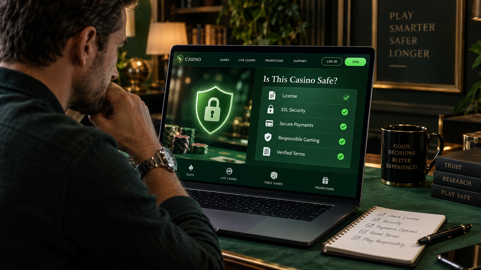 Player checking whether a new casino site is safe, reviewing licensing, SSL security, payments and responsible gambling.