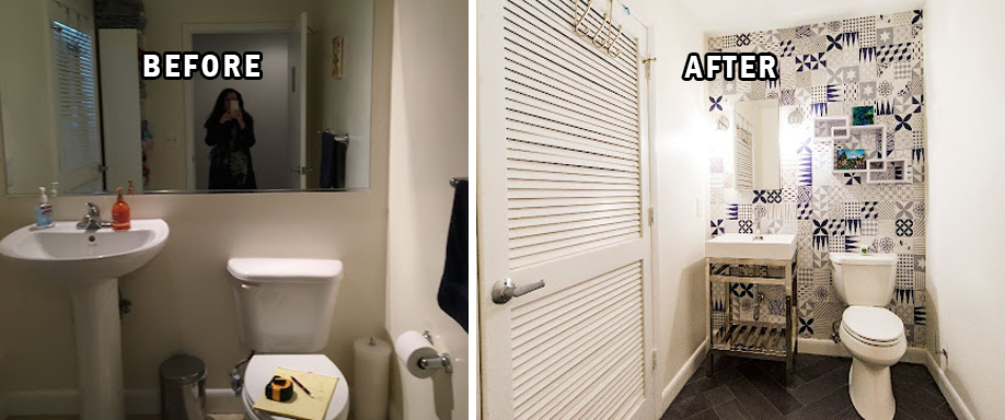 Before and after bathroom with toilet and vanity