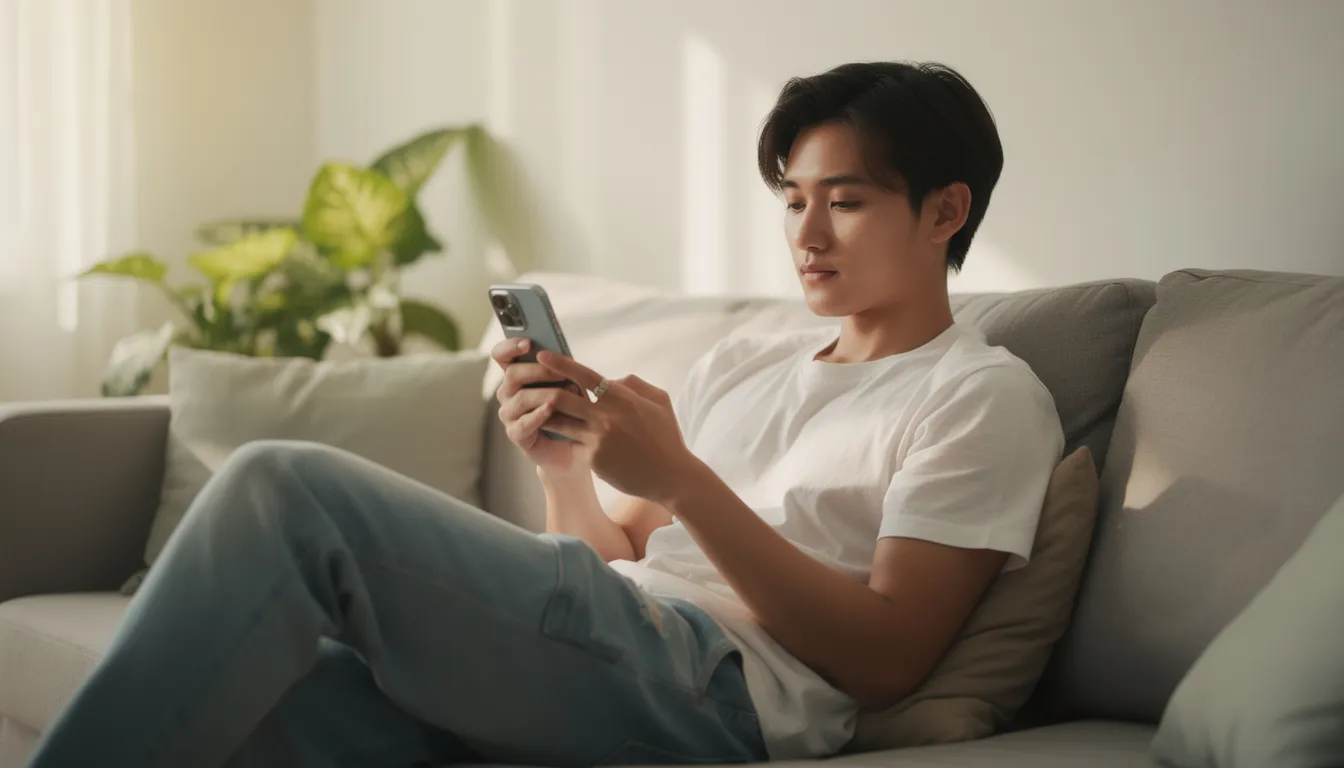 A person is casually using a smartphone, surrounded by a relaxed and comfortable atmosphere. The setting suggests a laid-back environment, perfect for leisure or social interaction.