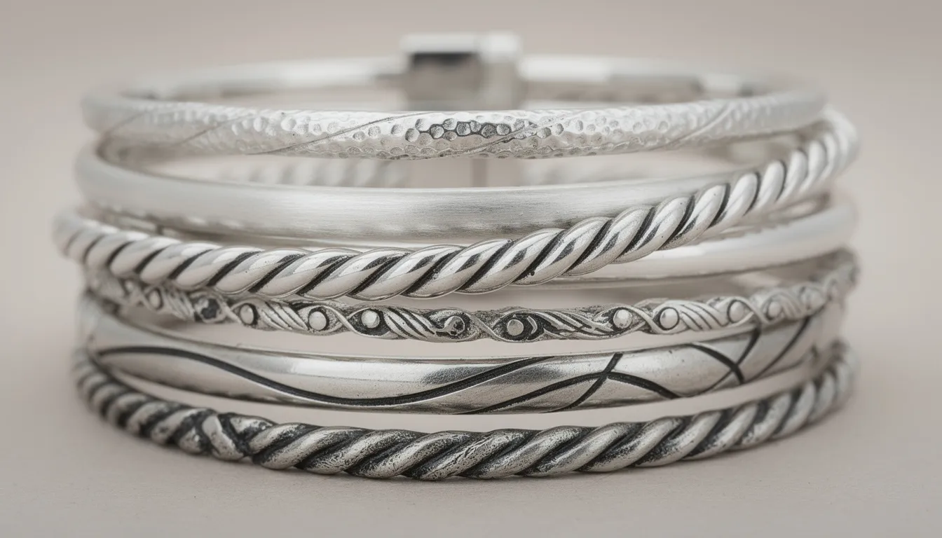 A close-up image showcases a variety of unique silver bracelets, each featuring different textures and finishes, including hammered details and solid silver bangles. This elegant collection is perfect for women looking to elevate their style with handcrafted statement pieces that suit any occasion.