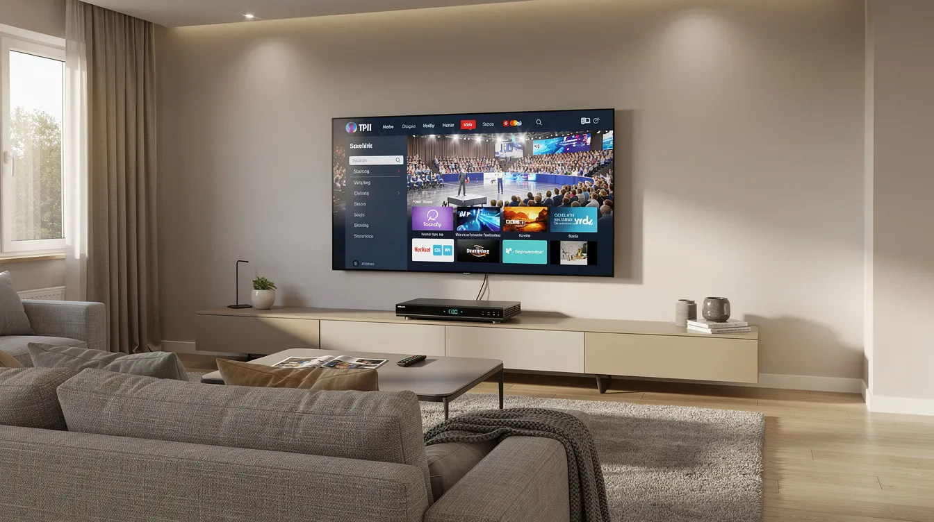 A cozy living room features a large television displaying a clear picture from a satellite TV service, showcasing the quality of a DSTV installation. The setup promises uninterrupted entertainment, ideal for enjoying various Multichoice channels.