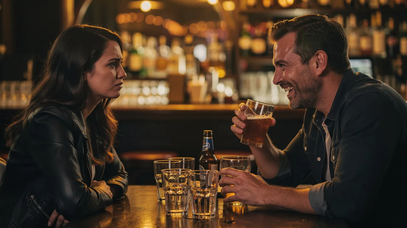 A couple is sitting at a table in a cozy coffee shop, where the man appears to be drinking excessively during their date, while the woman looks concerned. This scene captures the challenges of casual dating and the importance of moderation in social settings for online daters seeking meaningful connections.