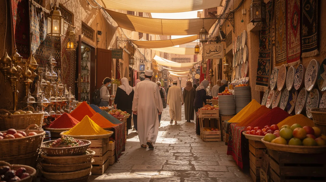 Marché traditionnel marocain avec des étals colorés et des passants dans les ruelles.