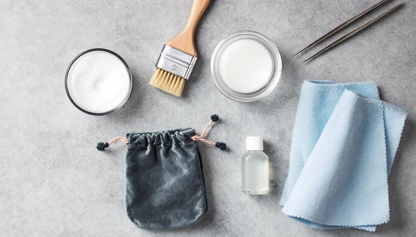 The image features a collection of various jewellery care items, including a soft bristled brush, a lint-free cloth, and a small bowl of lukewarm water with a few drops of mild washing up liquid. These tools are essential for cleaning silver and gold jewellery, ensuring that delicate gemstones and precious metals retain their natural lustre and shine.