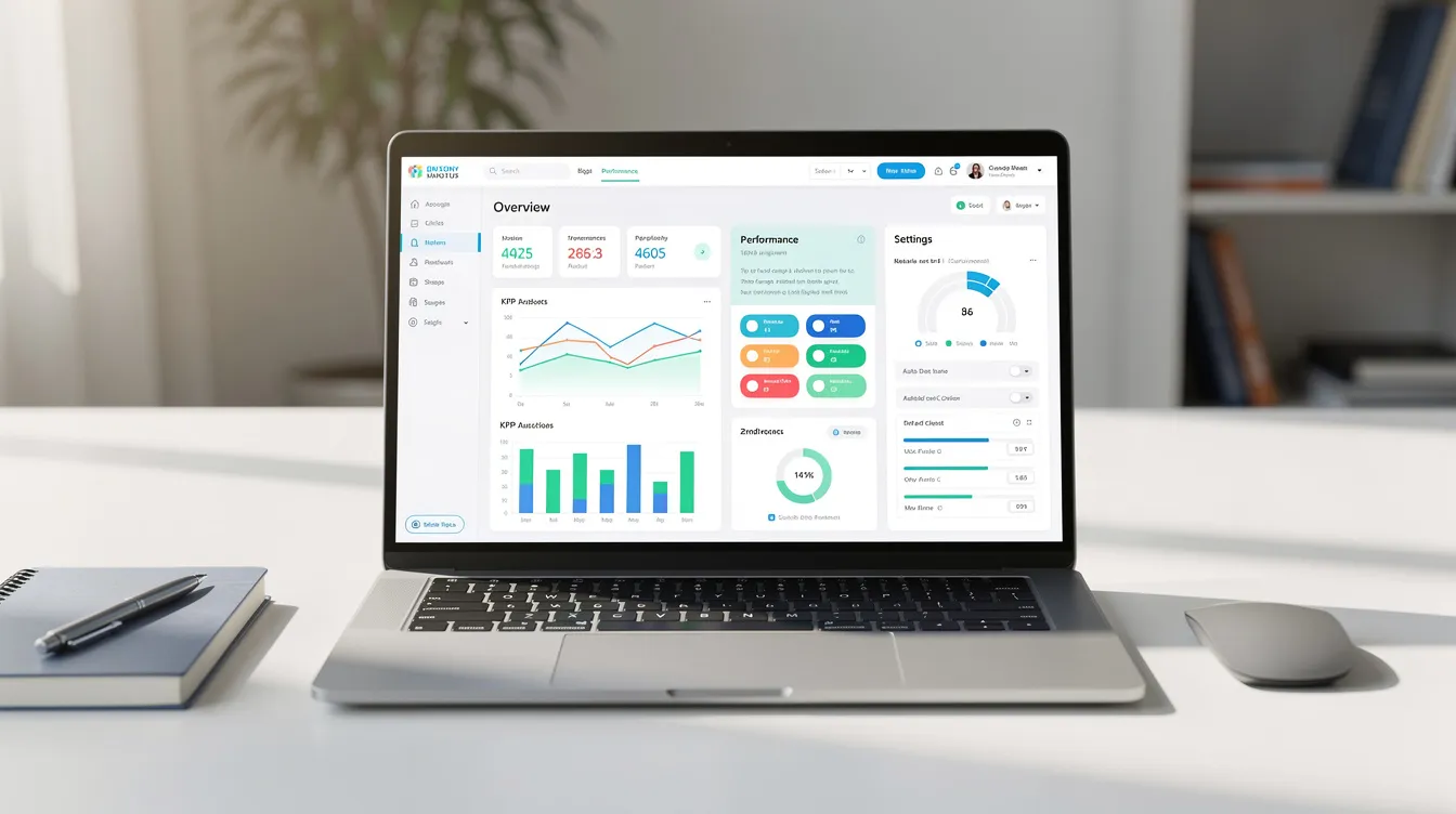 A laptop sits on a tidy desk displaying a website dashboard with performance metrics and settings panels, essential for managing multiple WordPress sites. The screen features a Google Analytics dashboard, highlighting key data for optimizing website loading speed and SEO strategy.