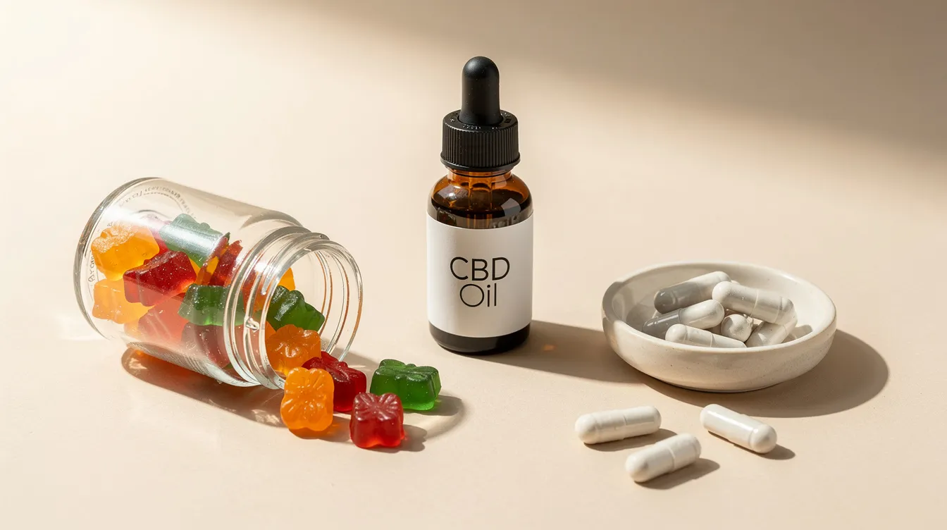 The image features an assortment of hemp-derived CBD products, including colorful gummies, capsules, and a small tincture bottle, all neatly arranged on a light surface. These CBD products, which are federally legal and contain less than 0.3% THC, showcase various forms of CBD edibles and tinctures available for purchase.