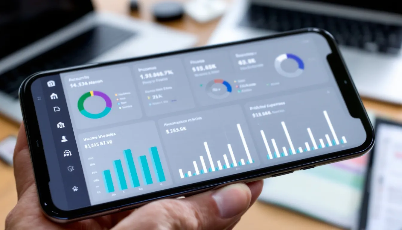 A modern smartphone displays an accounting software dashboard featuring financial charts that illustrate cash flow and expense tracking, helping small businesses manage their finances effectively. The interface includes key features for prioritizing tasks and staying focused on financial health, making it a valuable tool for reducing stress and saving time.