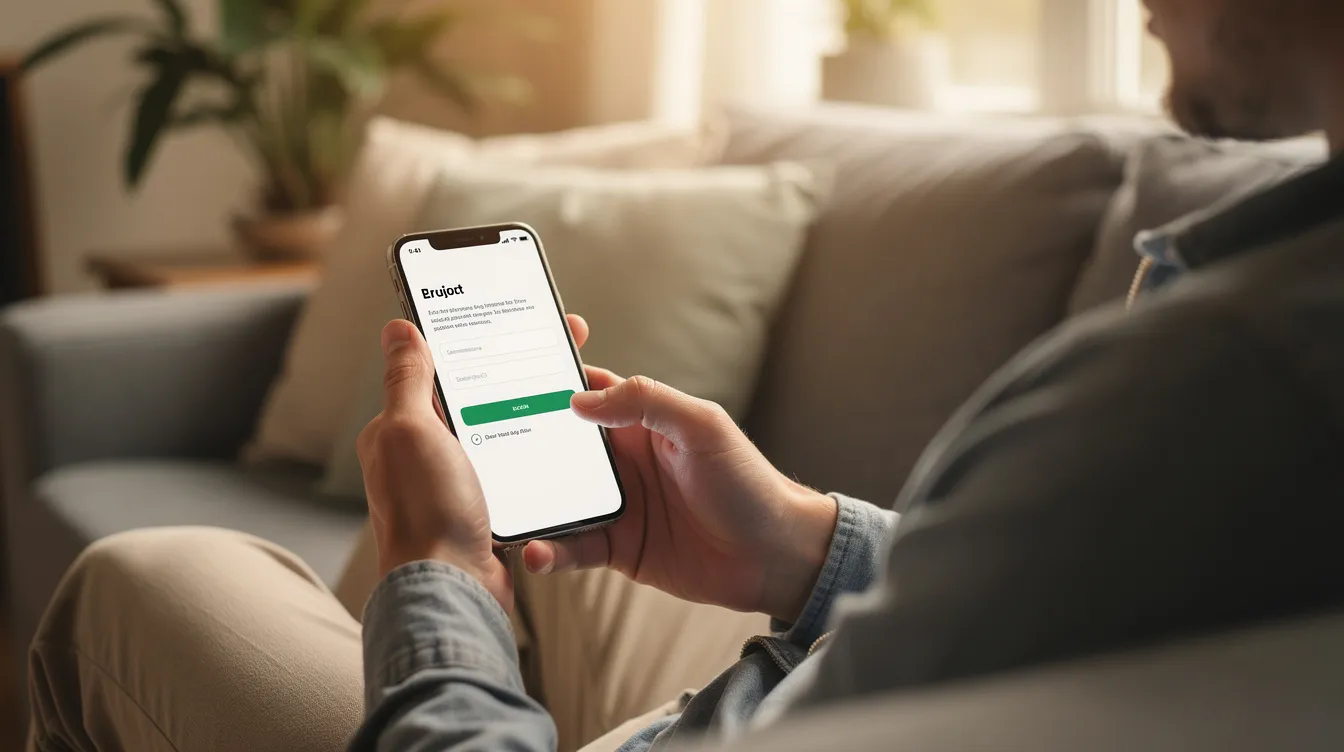 A person is comfortably seated at home, using a smartphone to complete an online application for a loan, possibly a 免 tu 貸款, while reviewing their 信貸 評分. The atmosphere is relaxed, highlighting the convenience of applying for financial services from home.