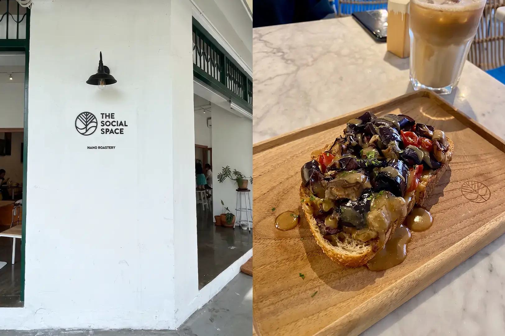 The Social Space exterior space with its simplistic architecture and logo and their signature Roasted Mushroom Crème Fraîche Toast served on a wooden tray.