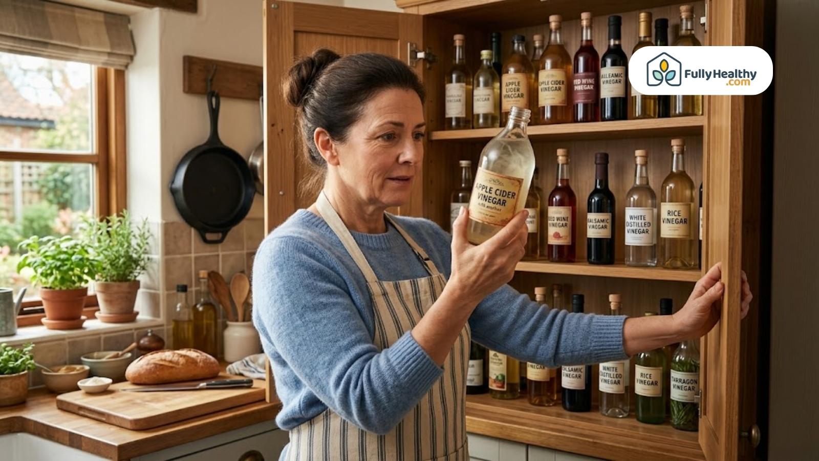 Woman selecting apple cider vinegar bottle from organized kitchen cabinet shelf