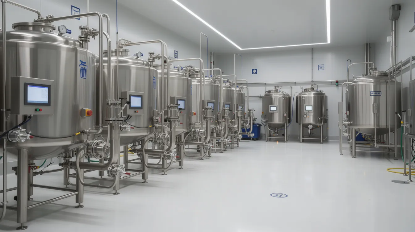 The image depicts the interior of a modern dairy processing facility, showcasing stainless steel tanks, pipes, and various equipment in a clean industrial environment. This setting is crucial for the production process of dairy products, including skimmed milk powder and whole milk powder, highlighting the advanced technology used in the milk powder manufacturing plant.