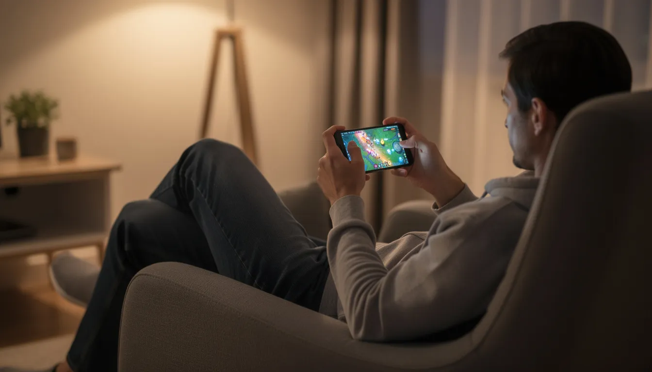 En person sitter i en bekväm stol och spelar ett mobilspel på sin smartphone, vilket visar på den moderna utvecklingen av online gaming. I bakgrunden kan man höra ljudet av spelautomater och vinster, vilket skapar en engagerande atmosfär av spelglädje.