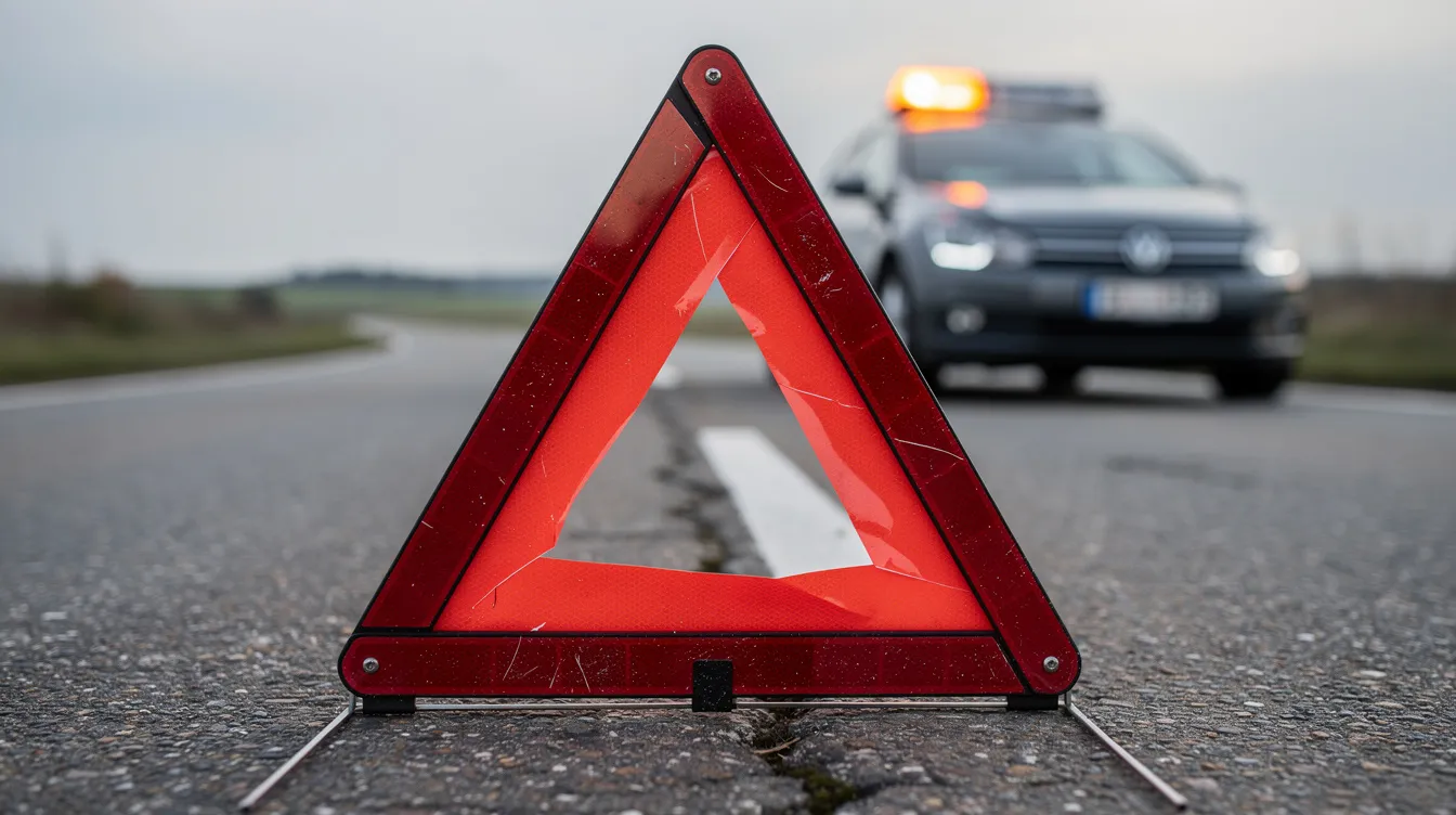 Un triangle de signalisation est posé sur une route, indiquant un éventuel accident, tandis qu'une voiture de location est visible en arrière-plan. Cette image évoque des situations de sinistre où la sécurité des automobilistes est primordiale.