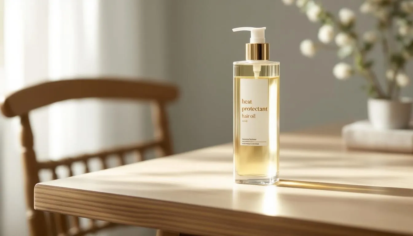 Haaröl mit Hitzeschutz, das auf einem Tisch steht, um die Vorteile für das Haar zu zeigen.