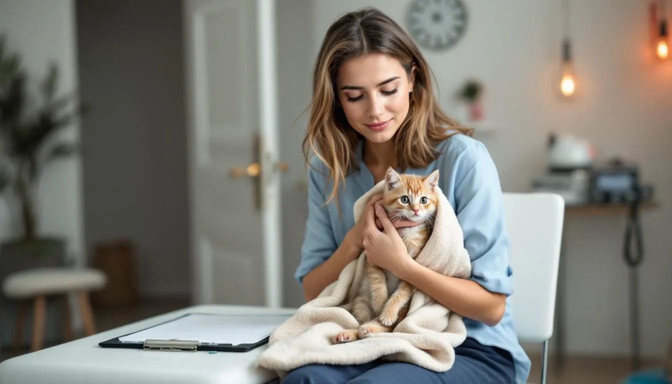 In der Szene ist eine Besitzerin mit ihrem Kätzchen beim Tierarzt zu sehen, wo sie eine liebevolle Verbindung in einem medizinischen Umfeld zeigt. Diese Darstellung vermittelt das Gefühl von Fürsorge und der Einführung des Haustiers in sein neues Zuhause.