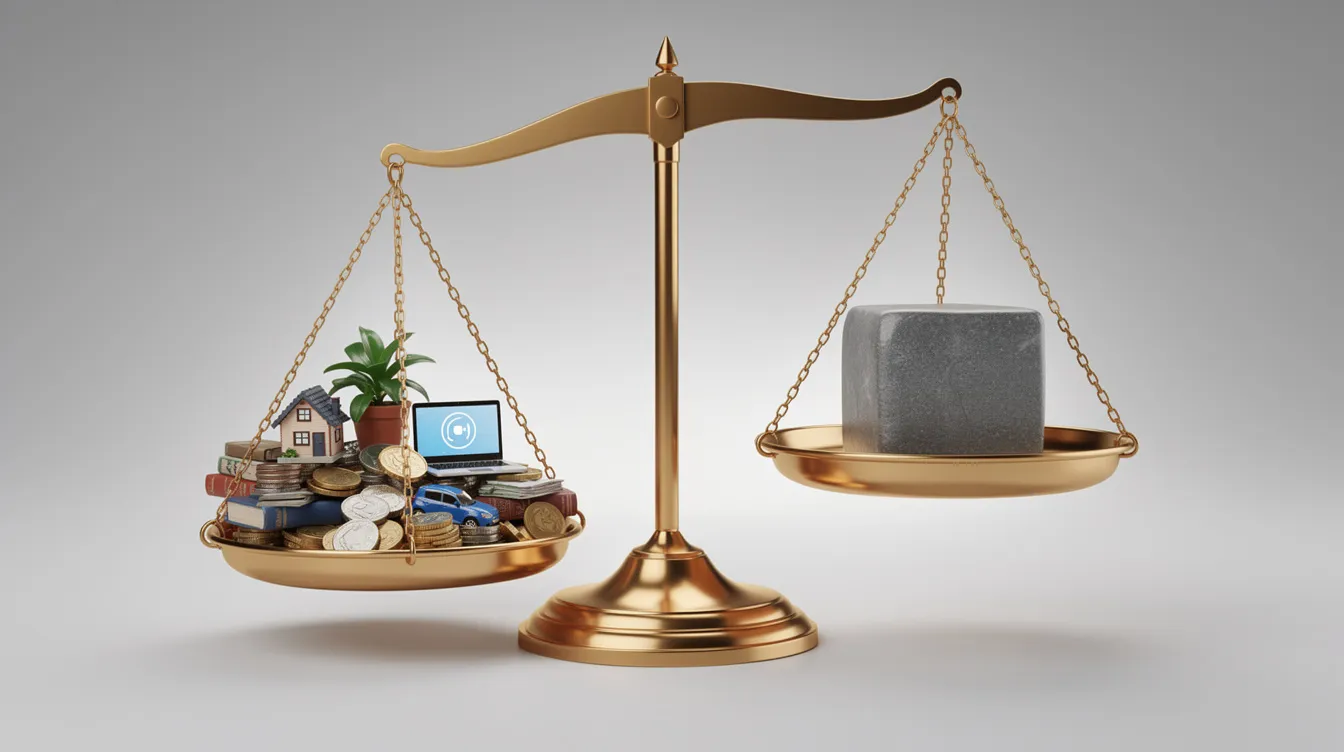 The image depicts a balanced scale, with a variety of diversified objects representing different investments on one side and a single large object symbolizing a significant financial burden on the other. This visual metaphor highlights the importance of balancing retirement savings strategies, such as employer-sponsored plans and investments, to secure a stable financial future.