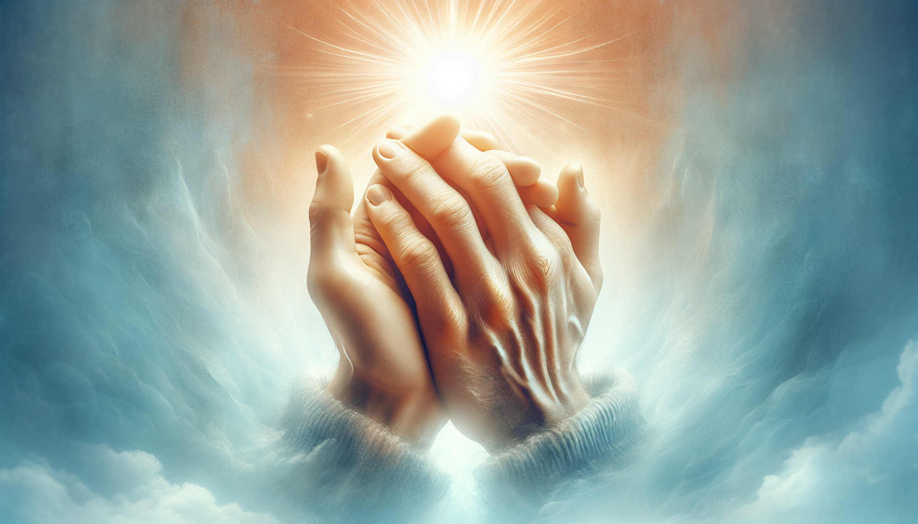 Hands clasped in prayer with a radiant light shining from above