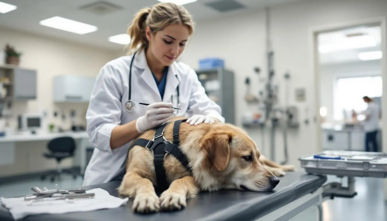 A veterinarian is performing a skin scraping procedure on a dog to diagnose potential skin diseases such as sarcoptic mange or demodectic mange. The process involves collecting samples from the dog