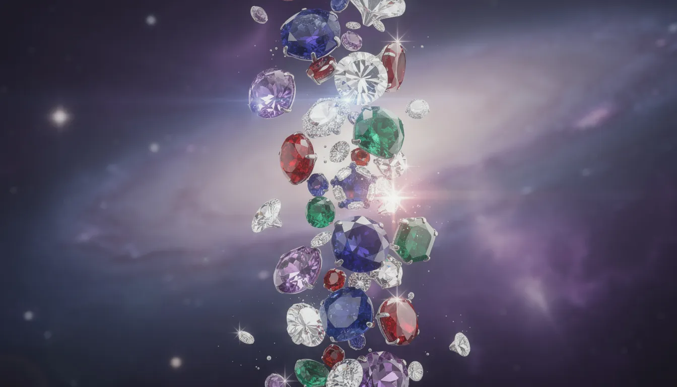 En kaskad av färgglada ädelstenar och juveler faller ner mot en kosmisk bakgrund i lila och blå nyanser. Denna bild framhäver den glittrande skönheten hos dessa symboler, som ofta används i online casinon och spelautomater.