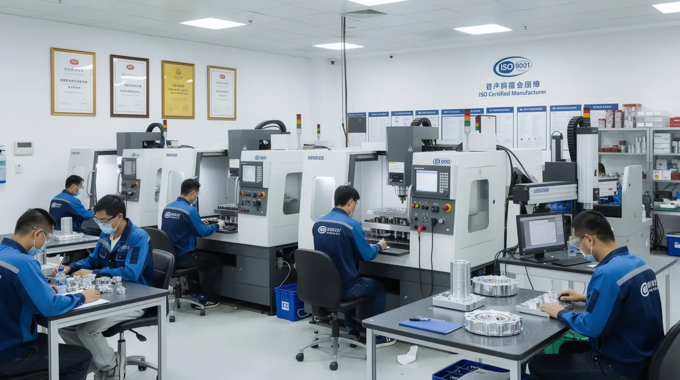 The image showcases a modern CNC machining factory in China, highlighting advanced CNC machines and skilled engineers at work, producing precision machined parts with strict quality control. This facility emphasizes ISO 9001 certification, ensuring high standards in CNC machining services and manufacturing solutions for various industries.