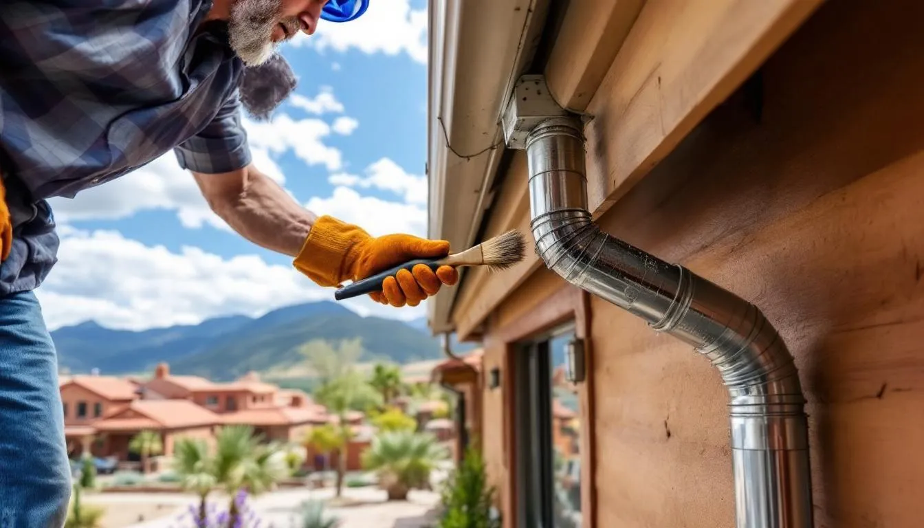 The image depicts a professional team performing regular maintenance on downspouts against a scenic backdrop of Pueblo, Colorado, ensuring that the gutter system is clear of clogs and functioning properly to prevent water damage. This maintenance process highlights the importance of quality craftsmanship and exceptional service for homeowners looking to protect their property.