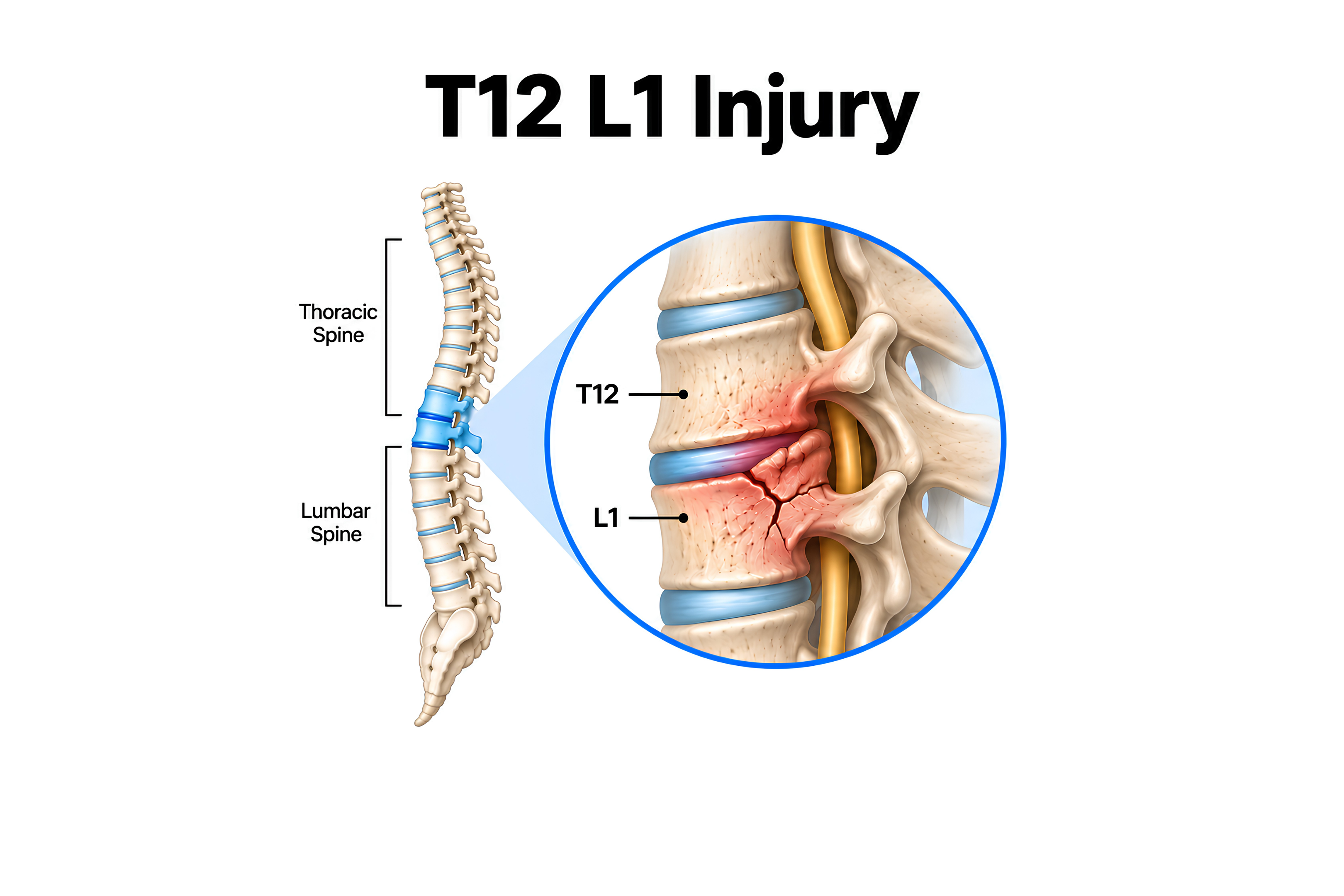 Illustration shows T12-L1 spinal injury, highlighting damaged vertebrae between thoracic and lumbar spine regions clearly.
