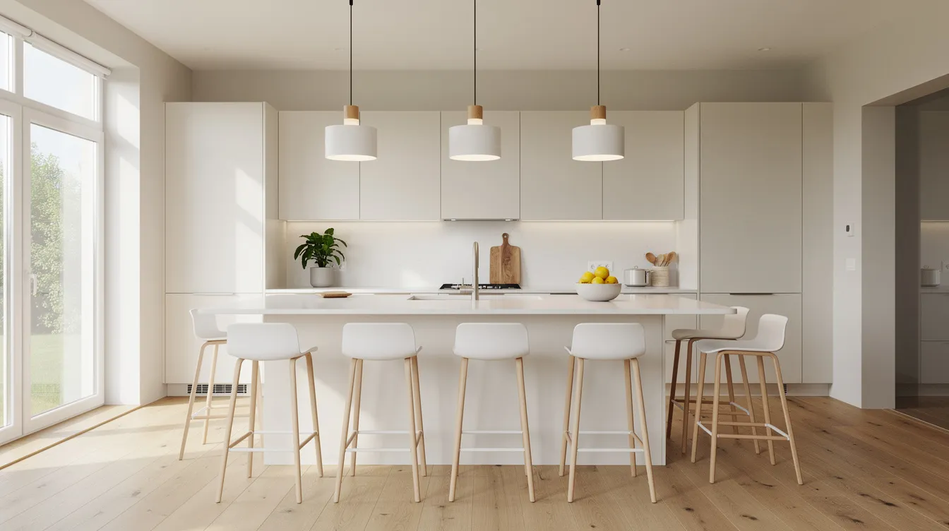 Tre taklampor i glas hänger elegant ovanför en köksö i ett ljust och modernt skandinaviskt kök. Lamporna ger ett bra ljus och skapar en stilren atmosfär som passar perfekt för matlagning och samvaro.
