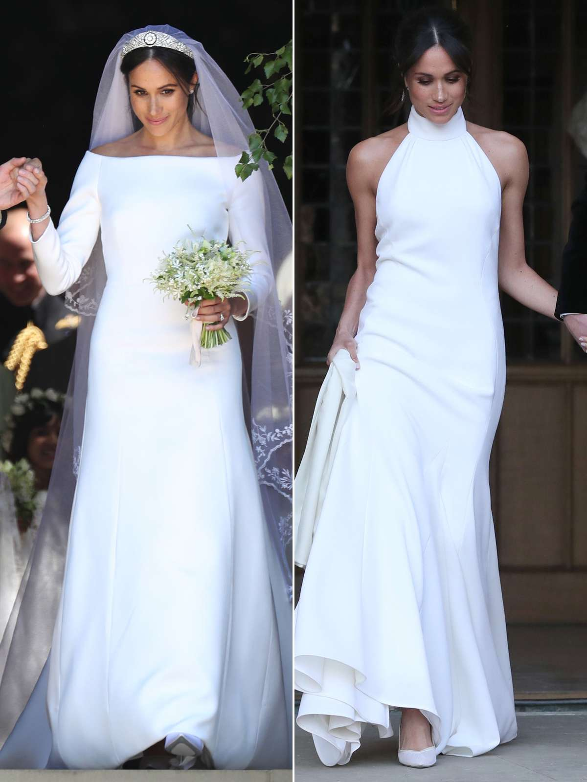 A comparison of Meghan Markle's initial and evening wedding gowns.