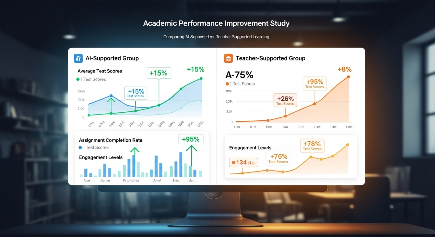 Academic study dashboard showing performance improvements across AI-supported and teacher-supported groups