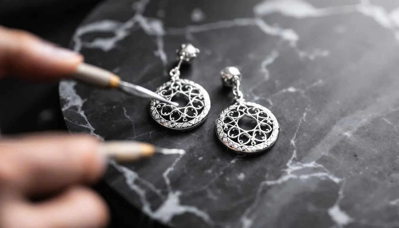 Caring for sterling silver earrings with cleaning tools.