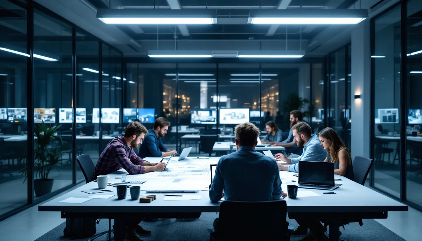 A group of architects is working late in a modern office, surrounded by computers and drafting tables, focused on their projects. The environment reflects a commitment to creativity and problem-solving within the architecture profession, emphasizing the importance of collaboration and the working conditions of architectural workers.