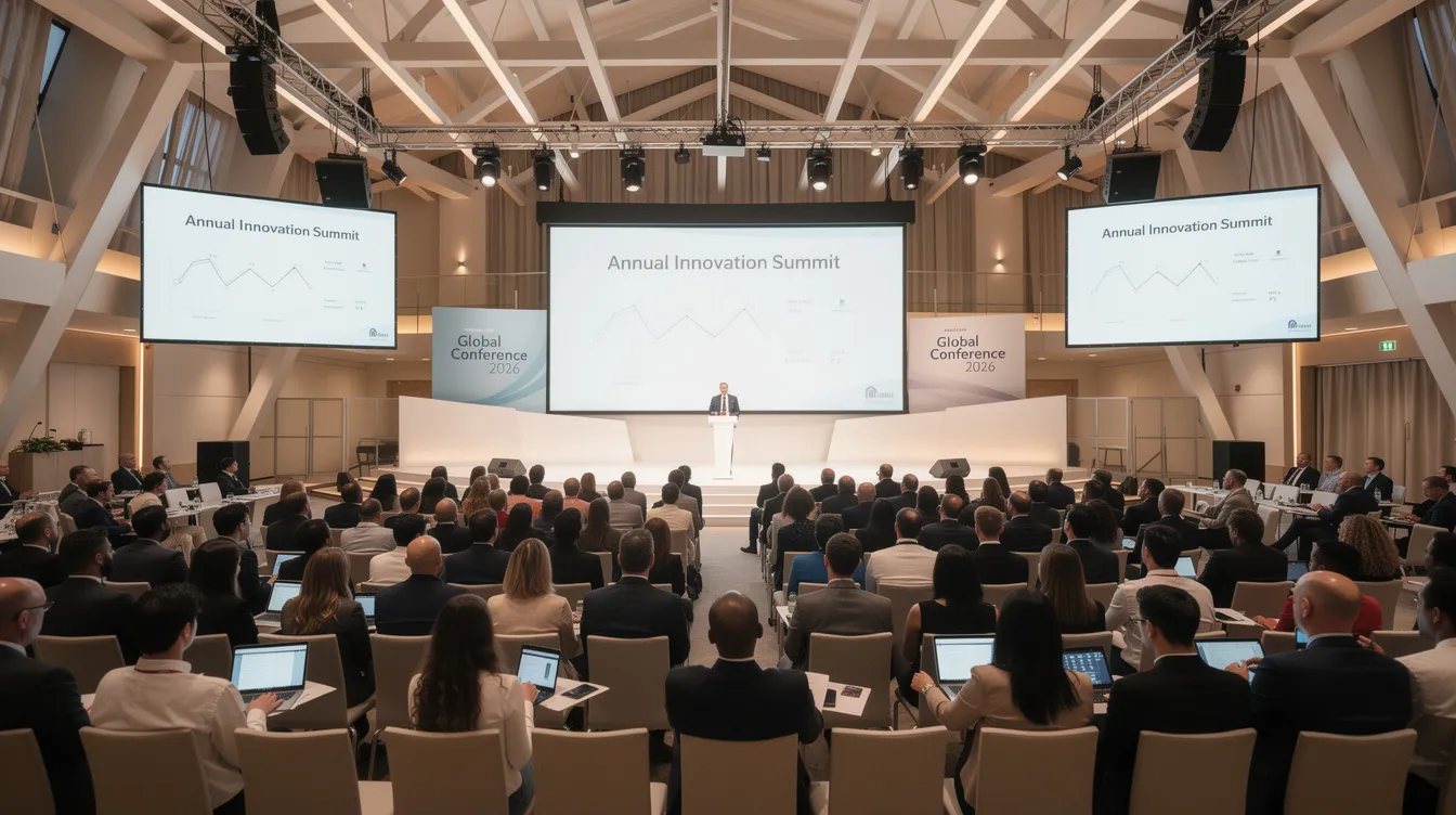The image depicts a professional conference presentation taking place in a spacious and modern convention hall, with an engaged audience attentively listening to a speaker discussing topics relevant to the construction industry and SEO strategies. The atmosphere conveys a sense of collaboration and knowledge sharing, highlighting the importance of tools like construction management software and content marketing for driving organic traffic.