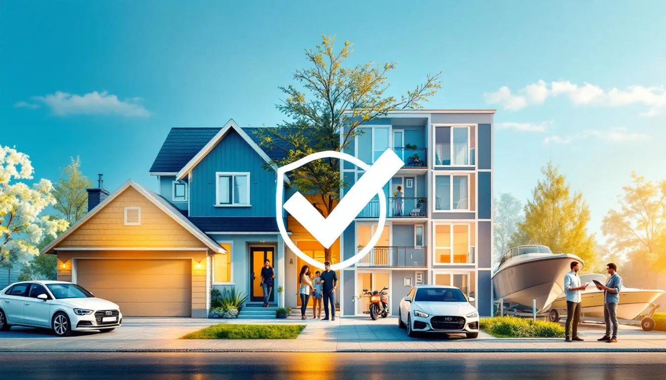 In this collage-style image, various lifestyles and assets are depicted under a protective "umbrella" of coverage, showcasing a house and car representing home and auto insurance, alongside an apartment building symbolizing renters insurance. A family smiles while managing their policies on a device, with subtle elements like a motorcycle and boat in the background suggesting optional bundle add-ons, all conveyed in warm tones that evoke trust and security.