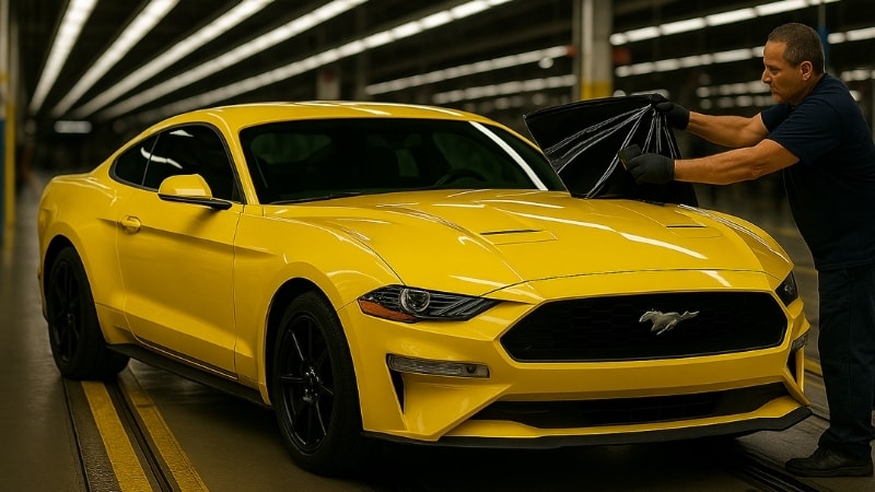 A yellow mustang having its windows being wrapped with window tint film which is aftermarket tint