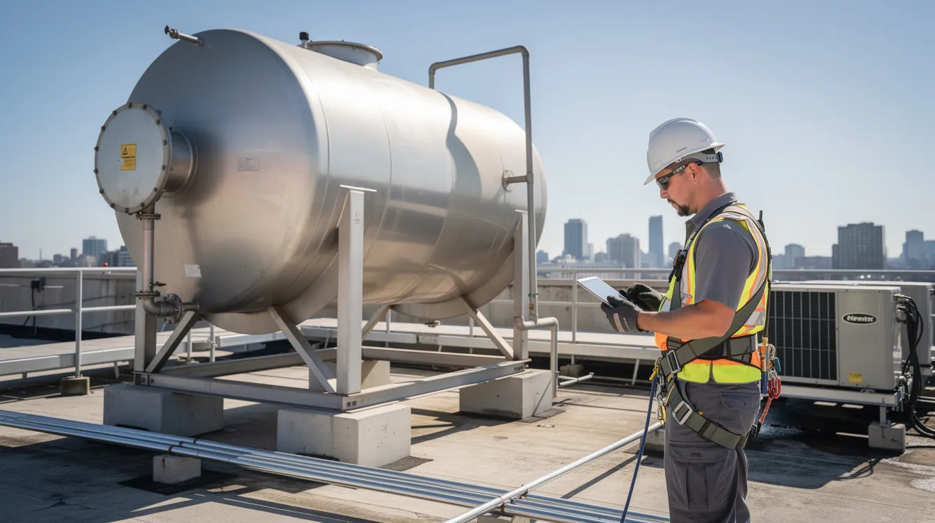 A professional technician in safety gear is inspecting a large rooftop water tank, ensuring the water quality and safety of the water supply. This thorough inspection is part of the regular water tank cleaning services provided to maintain a healthy environment and prevent harmful bacteria from affecting the water system.