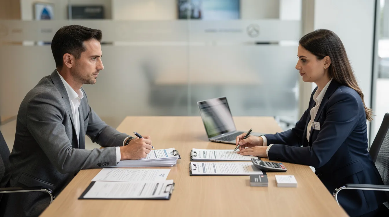 The image shows a small business owner and a bank officer engaged in a discussion at a desk, surrounded by various paperwork and documents, which likely include loan application forms and proof of business registration related to the mudra loan process. The scene illustrates the important step of assessing the repayment capacity and verifying bank details for micro entrepreneurs seeking financial support.