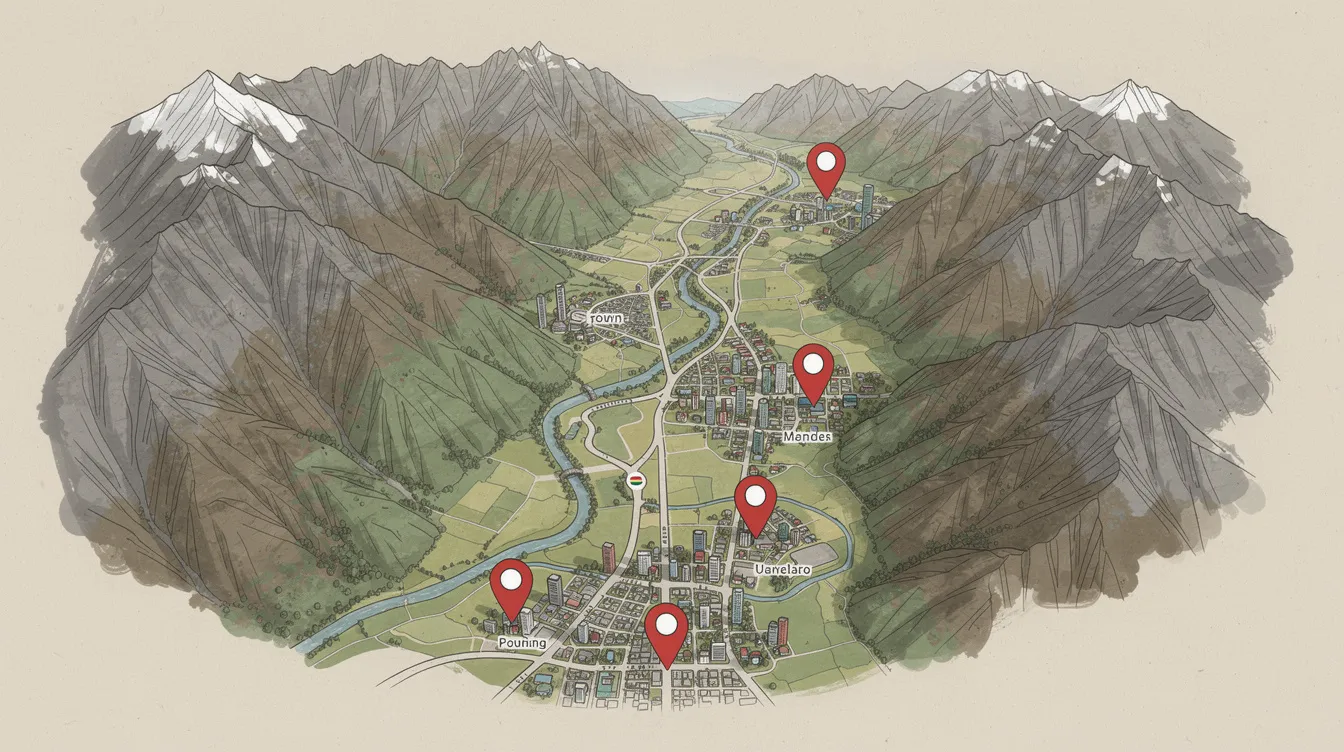 The image shows a detailed map featuring several location pins that highlight small cities nestled in a mountain valley region. The pins indicate various points of interest, potentially representing the legitimate business interests of companies that may be subject to non compete agreements in the area.