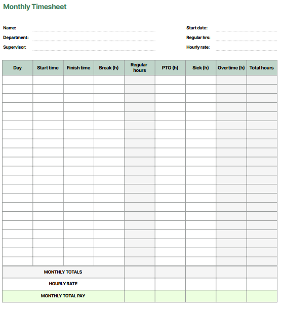 monthly timesheet template